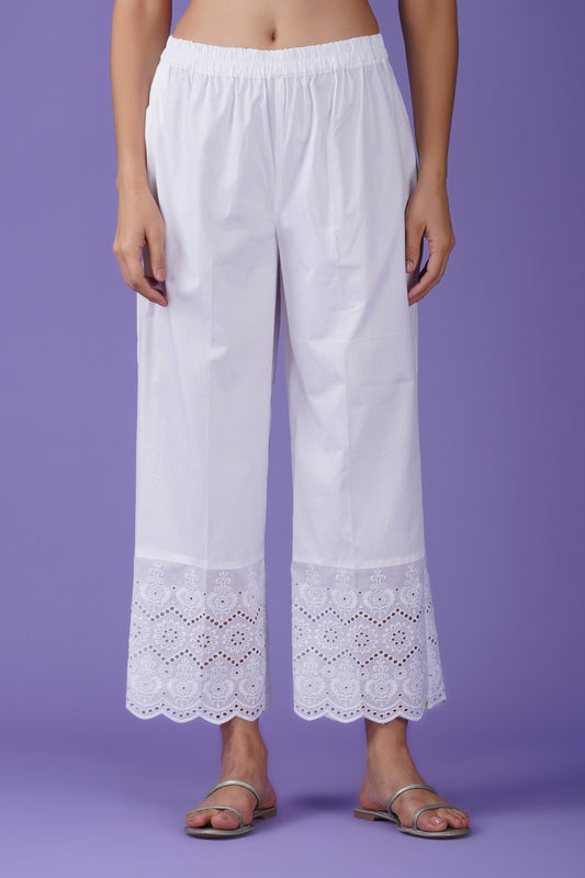 Cotton White Palazzo with Intricate Hakoba Lace