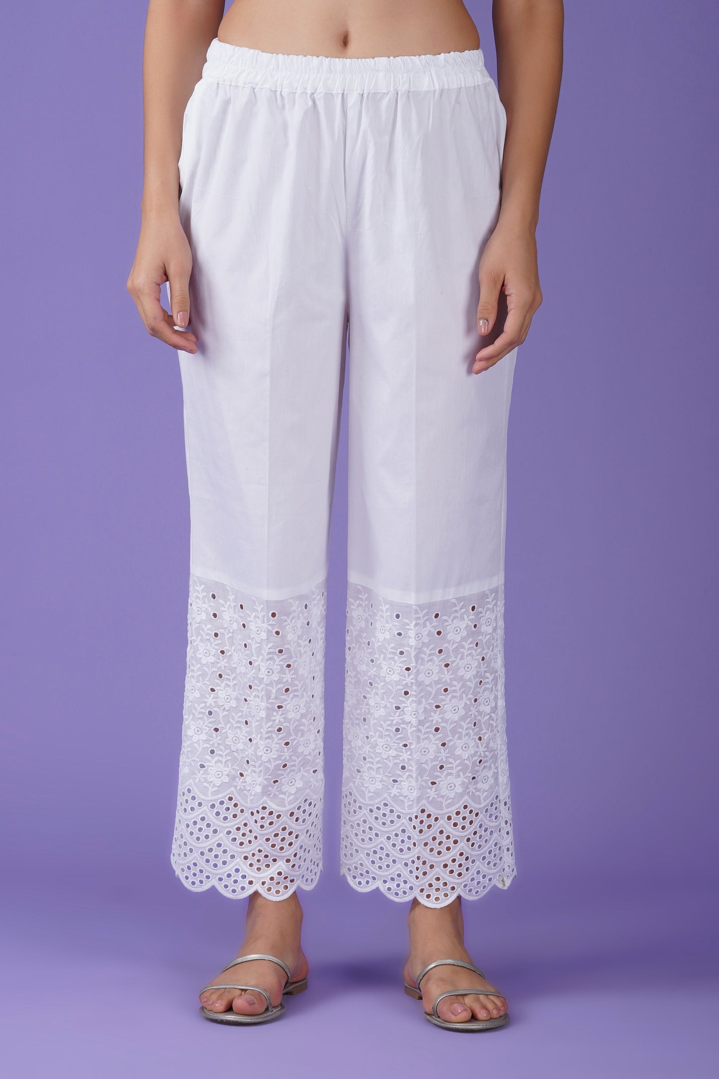 White Cotton Palazzo with Floral Hakoba Lace