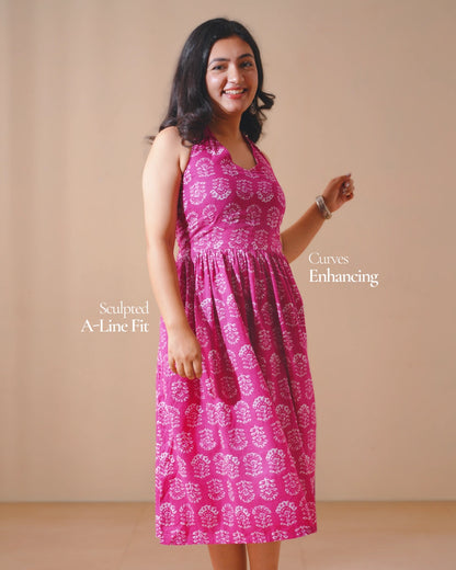 Pure Cotton Halter Flared Dress- Mystic Magenta