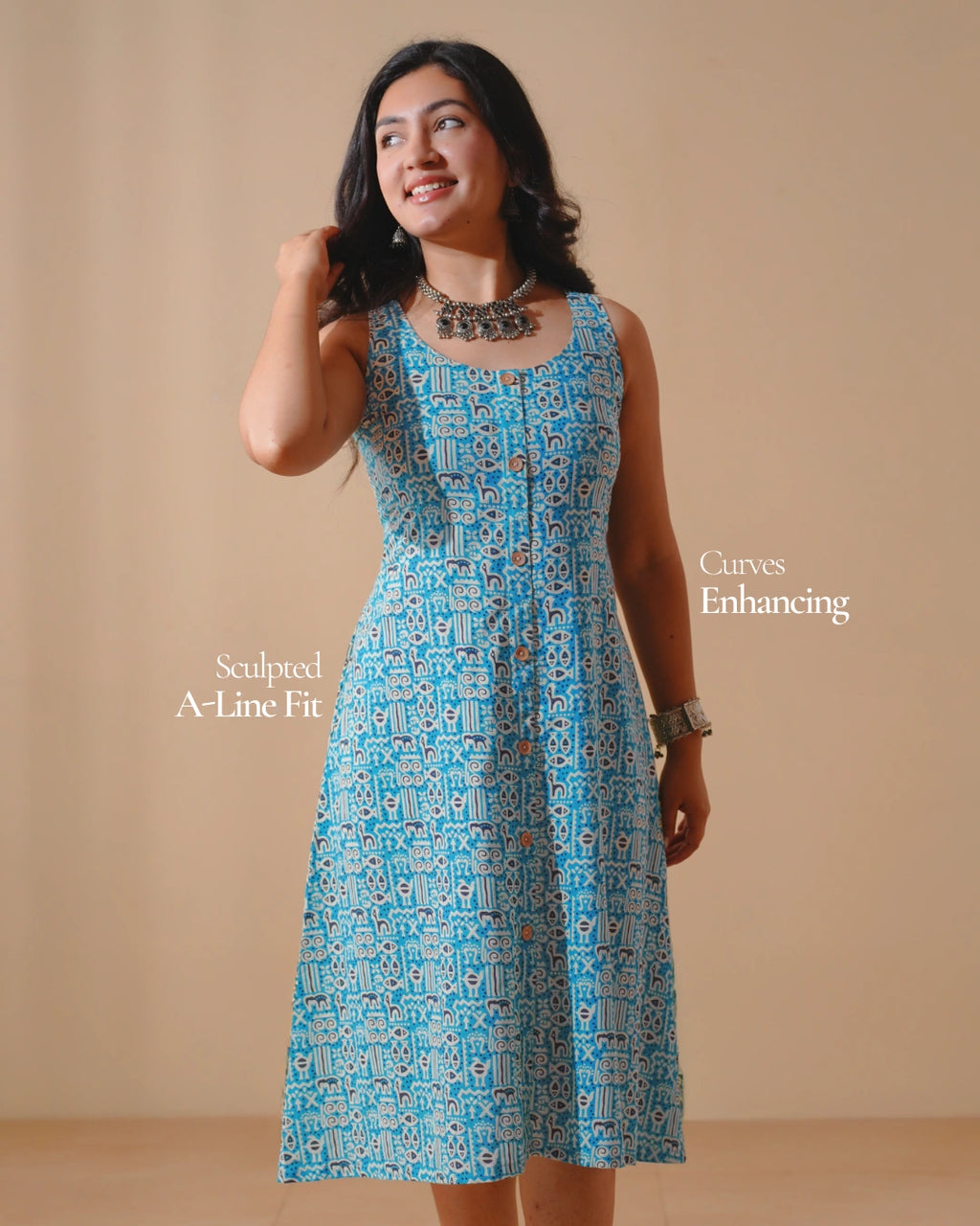 Pure Cotton Worli Art Midi Dress with Pockets - Blue Mirage