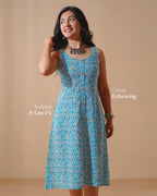Pure Cotton Worli Art Midi Dress with Pockets - Blue Mirage