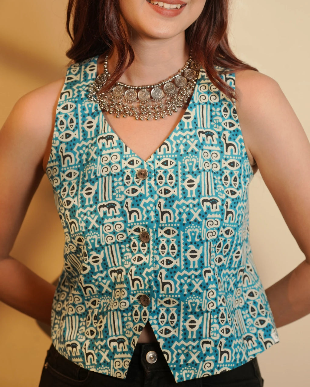 Pure Cotton Worli Art Indie Vest - Indigo Raga