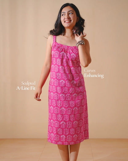 Boho Breeze Block Print Cotton Midi Dress - Mystic Magenta