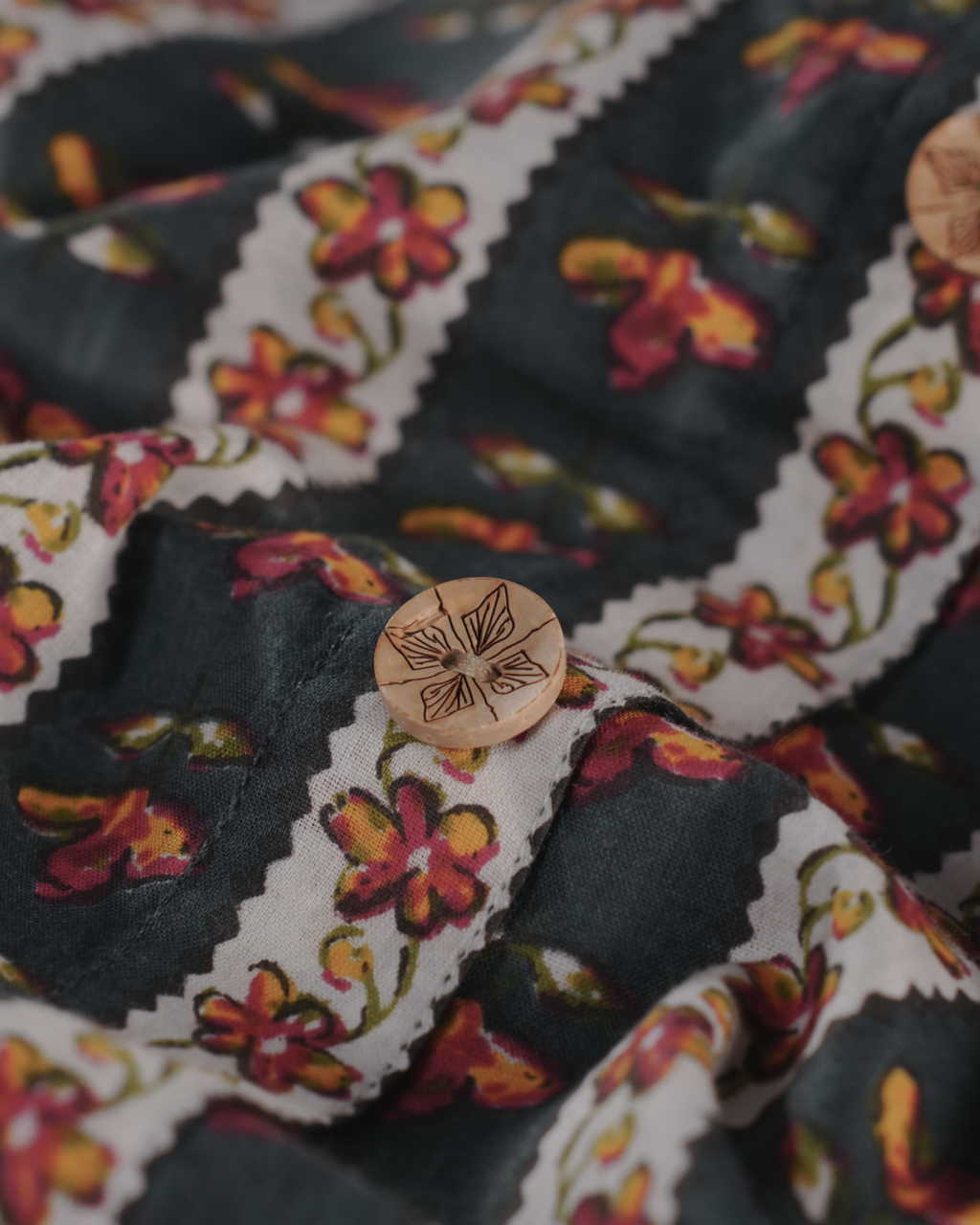 Marigold Trail Pure Cotton Block Print Midi Dress( Short Sleeves) - Charcoal Petal