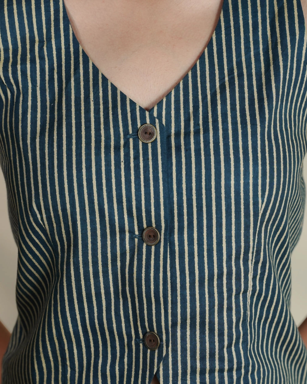 Pure Cotton Striped Indie Vest – Stonewashed Indigo