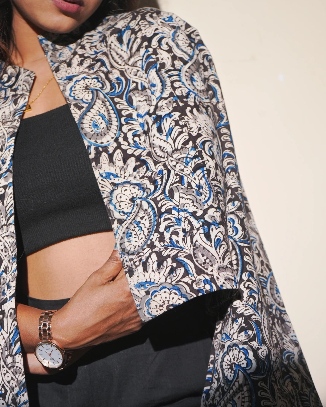 Indie-Chic Kalamkari Cotton Blazer with Mandarin Neckline - Ink and Ivory