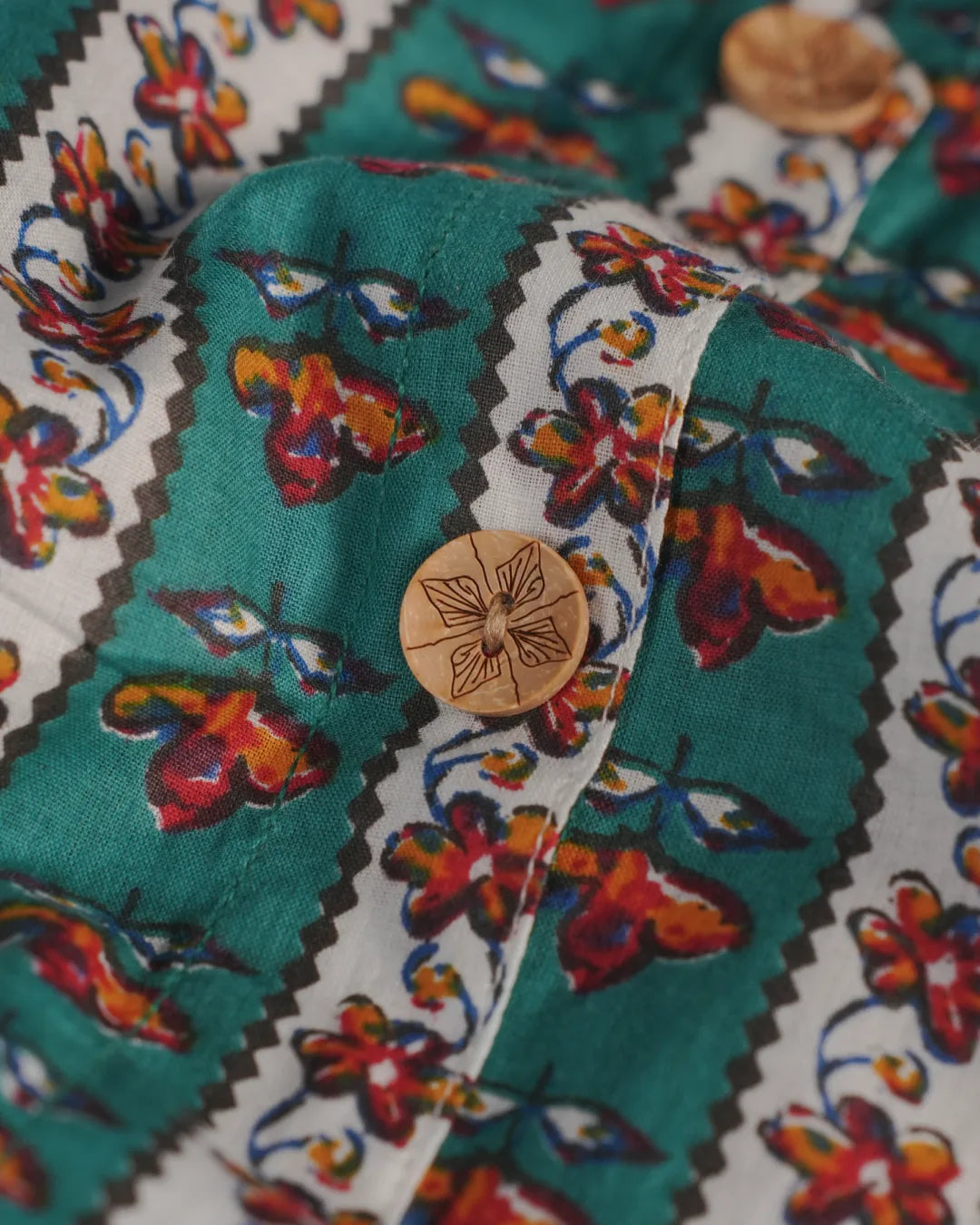 Marigold Trail Pure Cotton Block Print Midi Dress(Short sleeves) - Aqua Grove