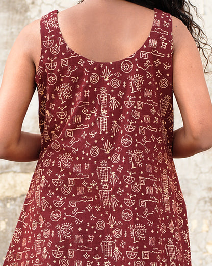Pure Cotton Worli Art Midi Dress with Pockets - Terracotta Rouge
