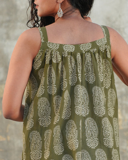 Boho Breeze Block Print Cotton Midi Dress - Vintage Olive
