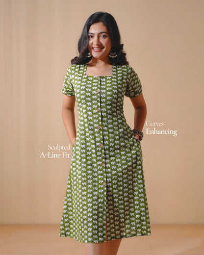 Green Safari Block Dress (Short Sleeves) - Olivewood