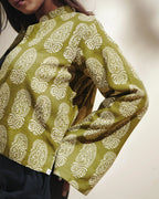 Pure Cotton Block Print Shrug With Elegant Mandarin Neck - Sagewood Moss