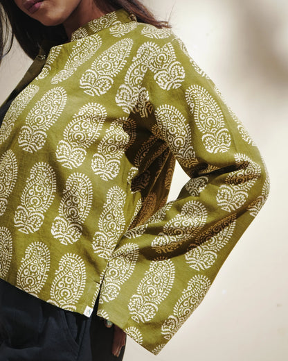 Pure Cotton Block Print Blazer With Elegant Mandarin Neck - Sagewood Moss