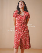 Pure Cotton Worli Art Midi Dress with Sleeves(Short sleeves) - Terracotta Rouge
