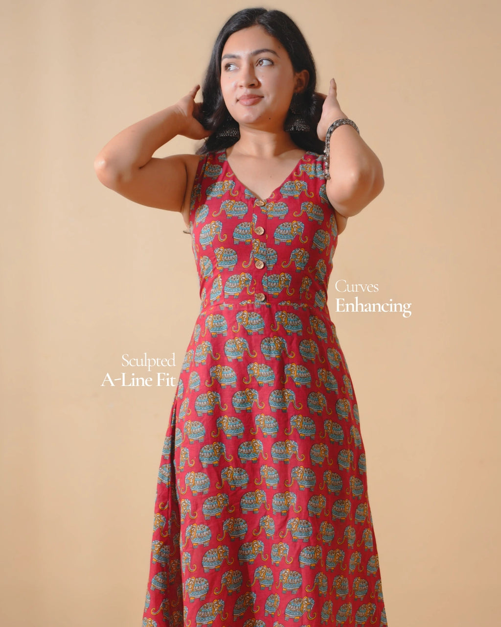 Jaipur Parade Hand Block Print Cotton Midi Dress (Sleeveless) - Burnt Coral