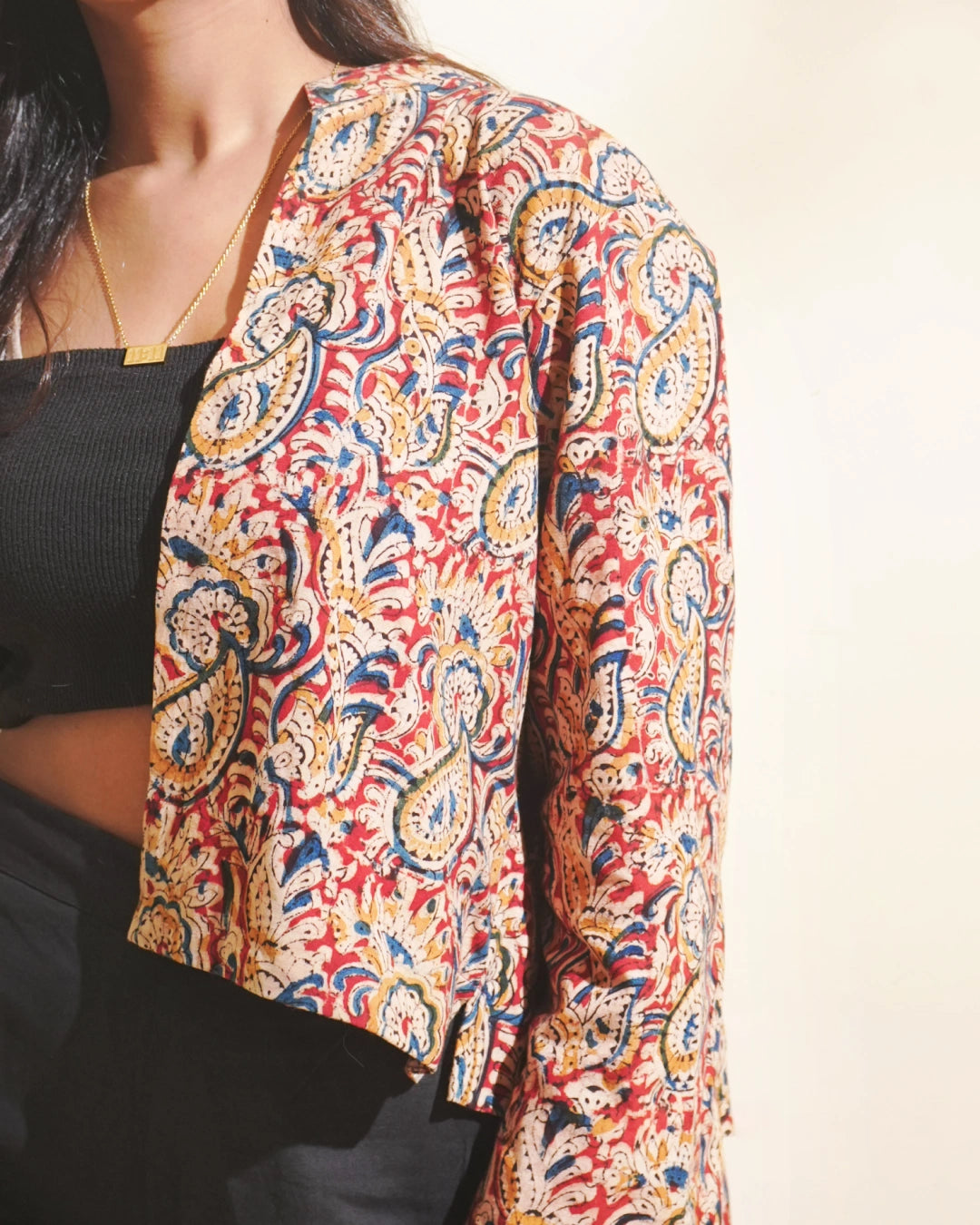 Regal Kalamkari Cotton Blazer Jacket with Mandarin Neck - Sundown Clay