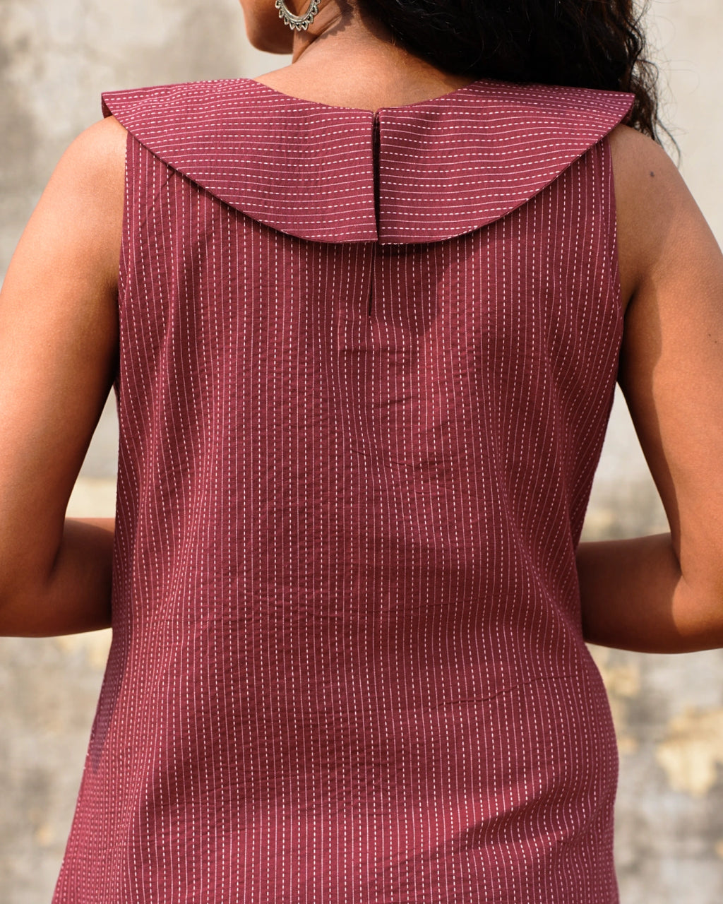 Vintage Kantha Cotton A-Line Dress with Tie-Up Bow - Rusted Garnet