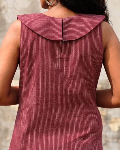 Vintage Kantha Cotton A-Line Dress with Tie-Up Bow - Rusted Garnet