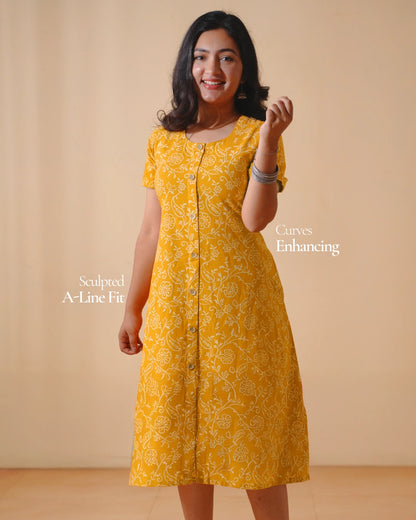 Pure Cotton Worli Art Midi Dress with Sleeves(Short sleeves) - Orchid Bliss