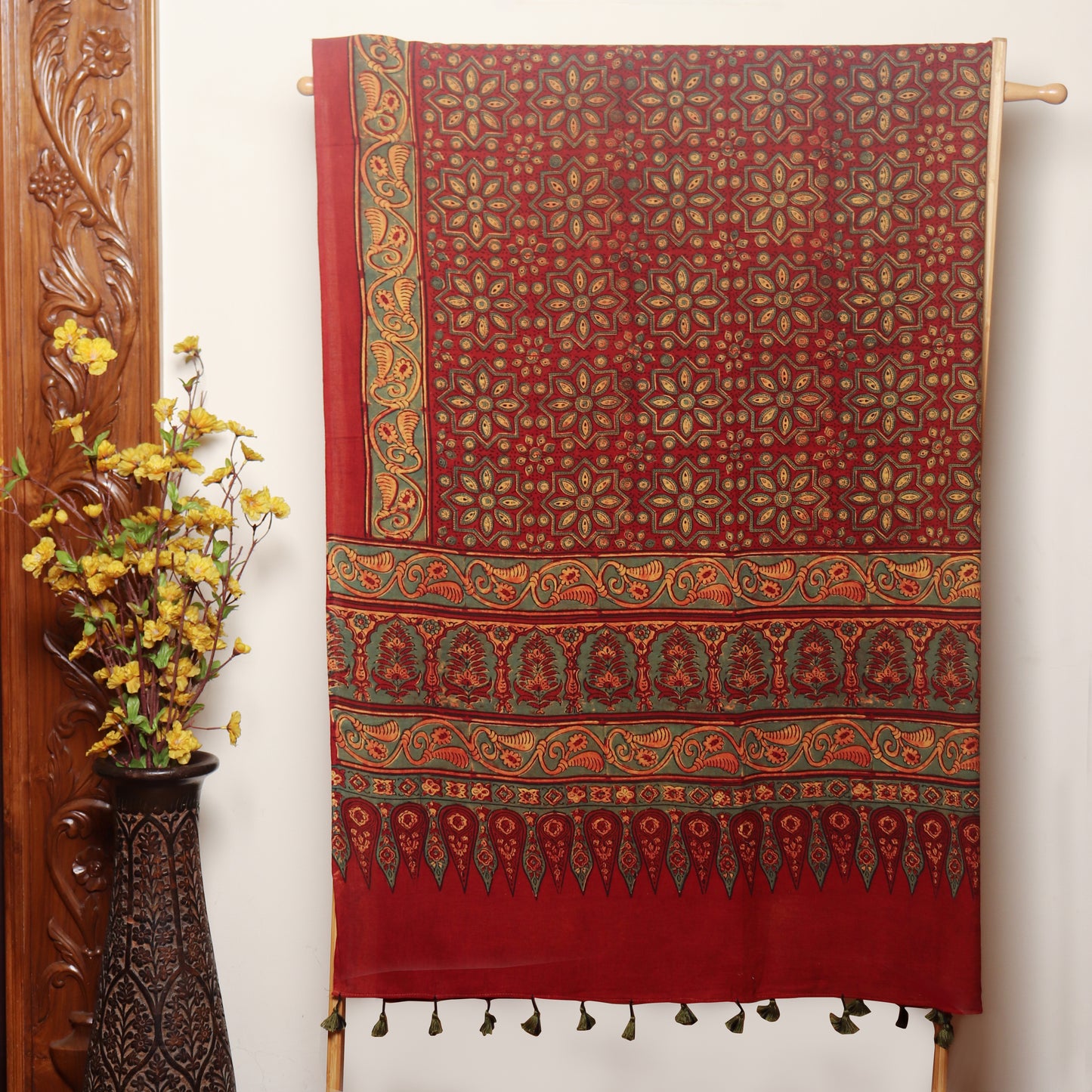 Maroon Ajrakh Hand Block Printed Cotton Dupatta with Tassels