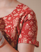Pure Cotton Worli Art Midi Dress with Sleeves(Short sleeves) - Terracotta Rouge