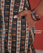 Marigold Trail Pure Cotton Block Print Midi Dress( Short Sleeves) - Charcoal Petal