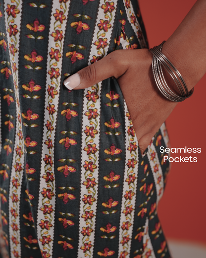 Marigold Trail Pure Cotton Block Print Midi Dress( Short Sleeves) - Charcoal Petal