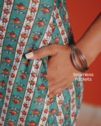 Marigold Trail Pure Cotton Block Print Midi Dress (Sleeveless) - Aqua Grove