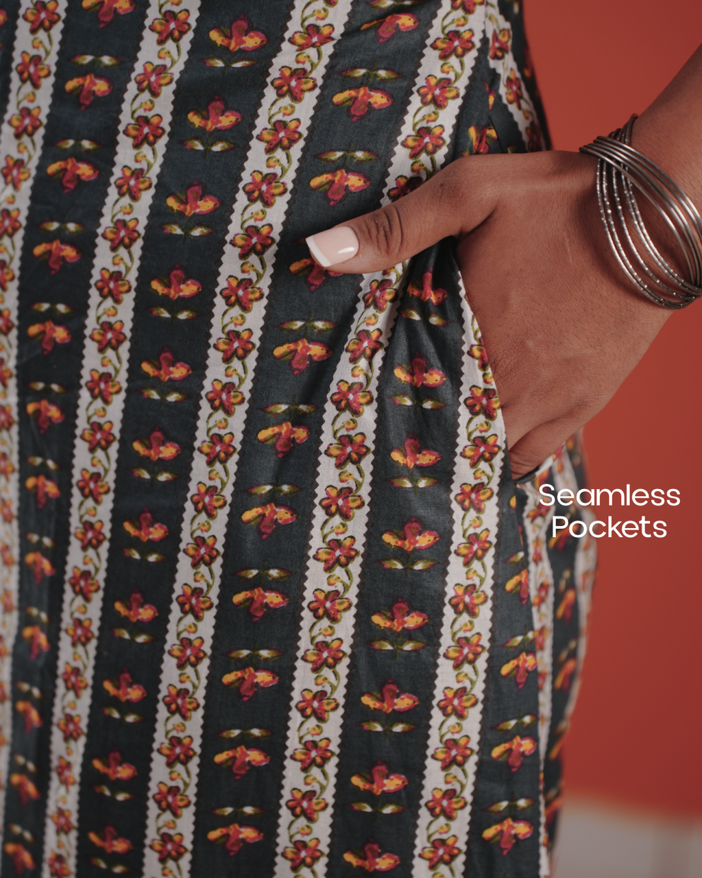 Marigold Trail Pure Cotton Block Print Midi Dress(Sleeveless) - Charcoal Petal