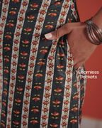 Marigold Trail Pure Cotton Block Print Midi Dress(Sleeveless) - Charcoal Petal