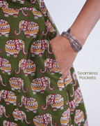 Jaipur Parade Hand Block Print Cotton Midi Dress ( Short Sleeves) - Sage Dust