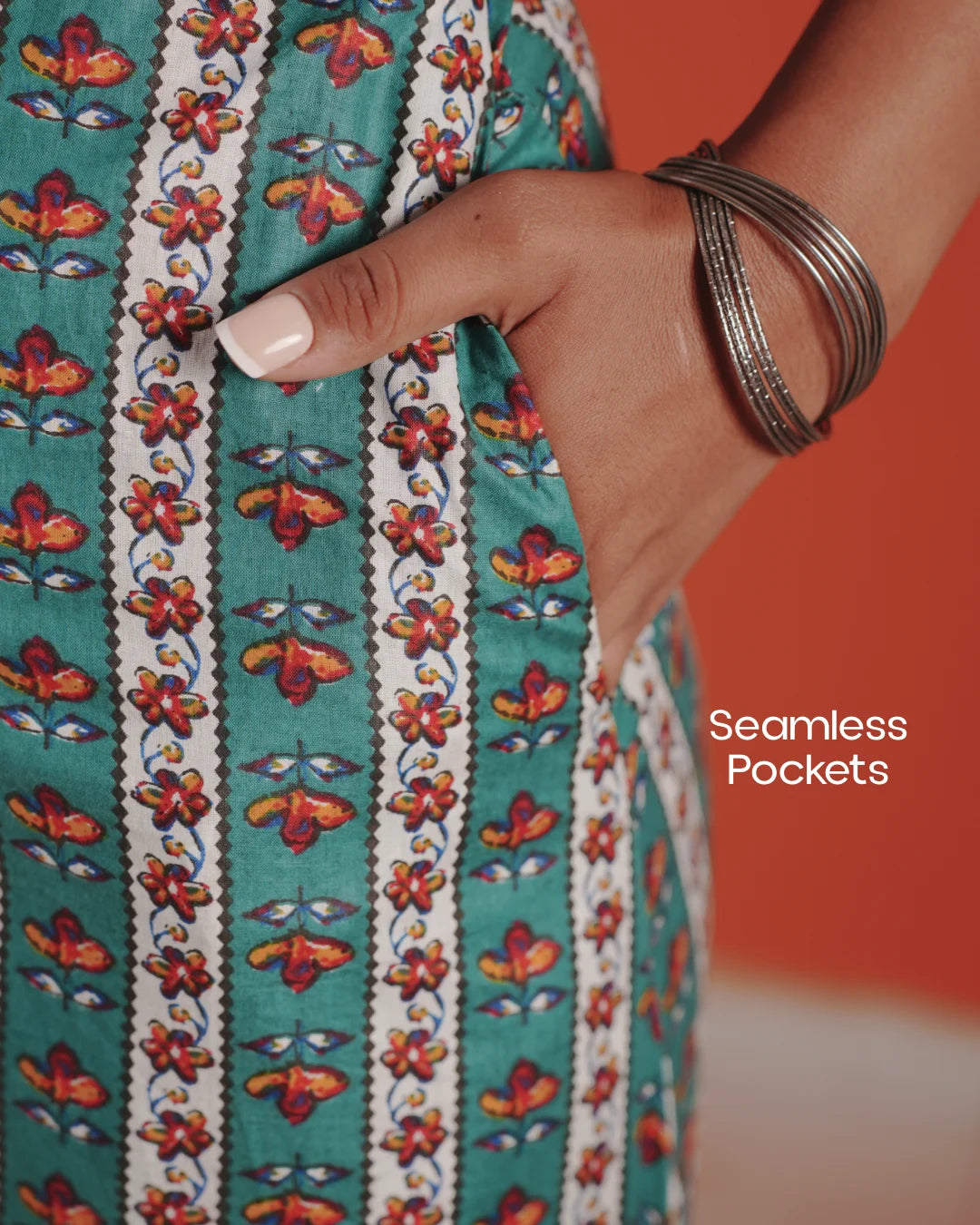 Marigold Trail Pure Cotton Block Print Midi Dress(Short sleeves) - Aqua Grove