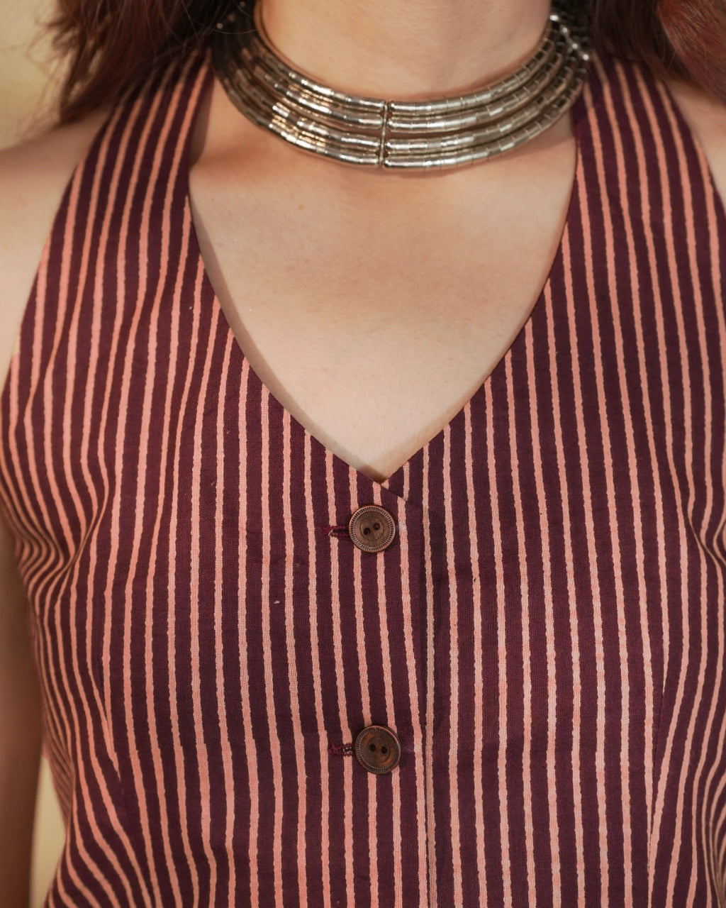Pure Cotton Striped Indie Vest – Vintage Maroon