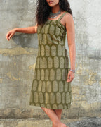 Boho Breeze Block Print Cotton Midi Dress - Vintage Olive