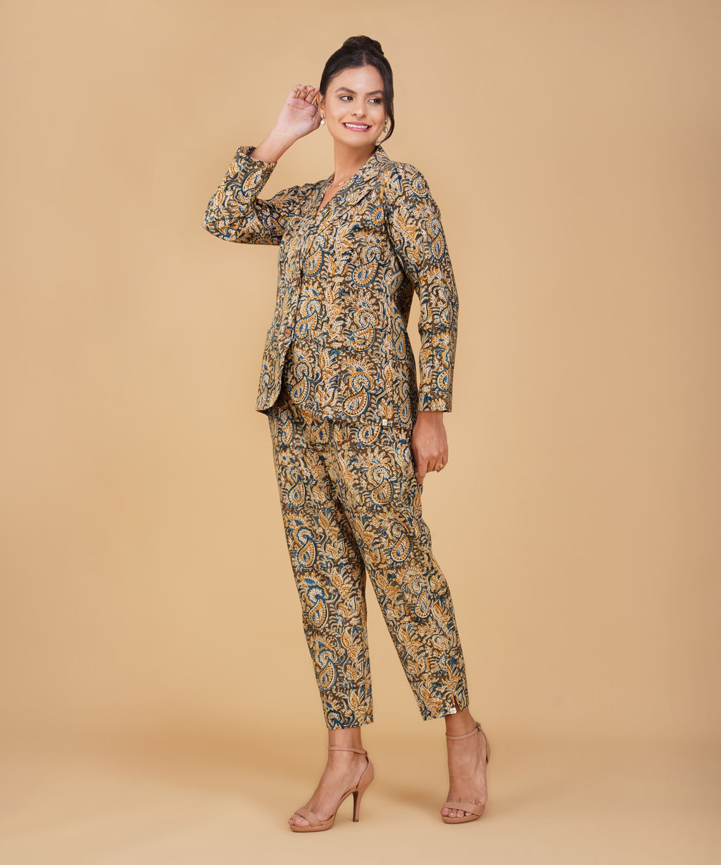 Azure Gold Paisley Kalamkari Blazer Set