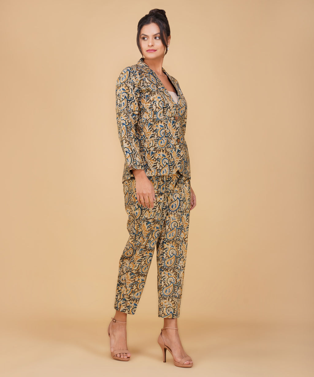 Azure Gold Paisley Kalamkari Blazer Set