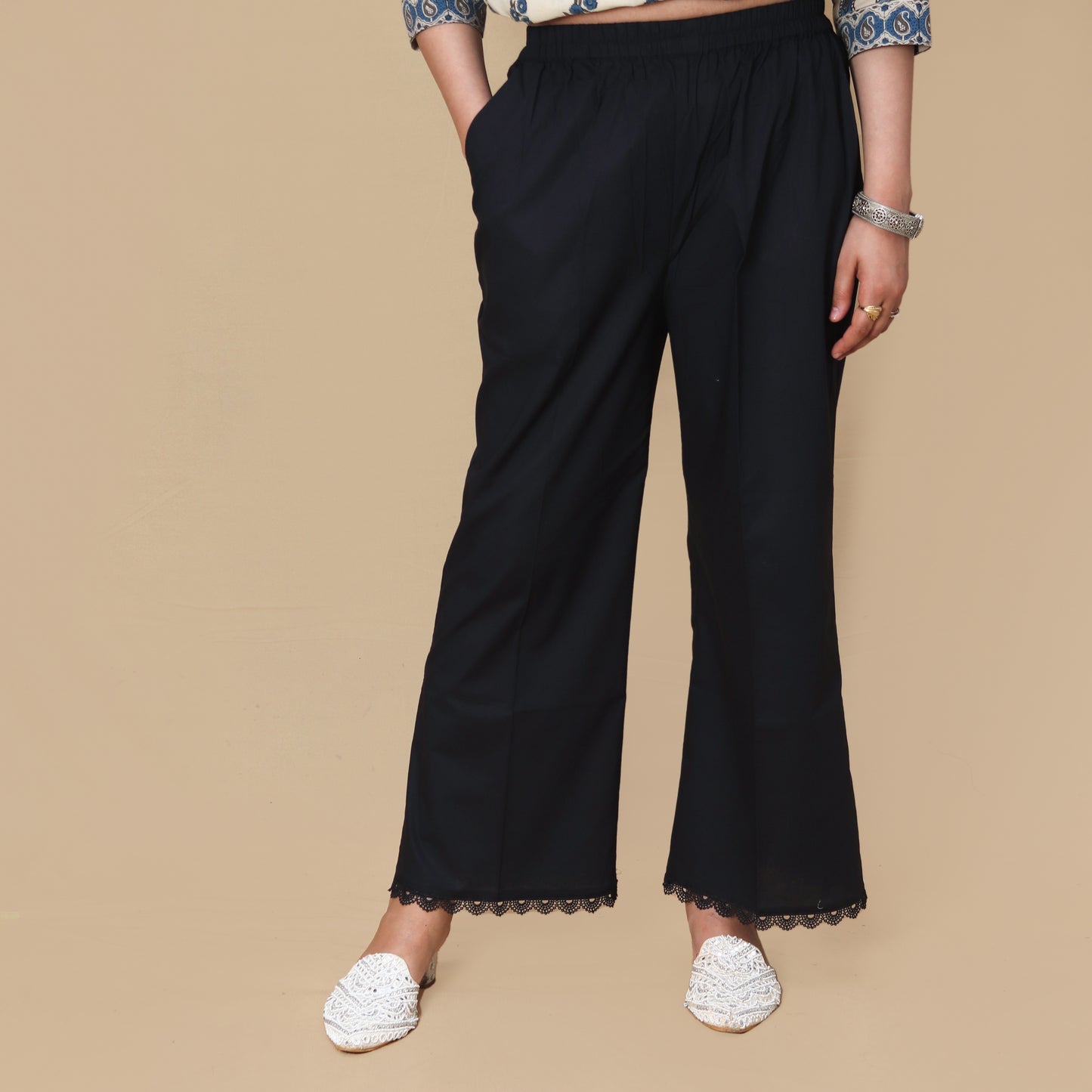 Black Flared Pure Cotton Pant with Lace