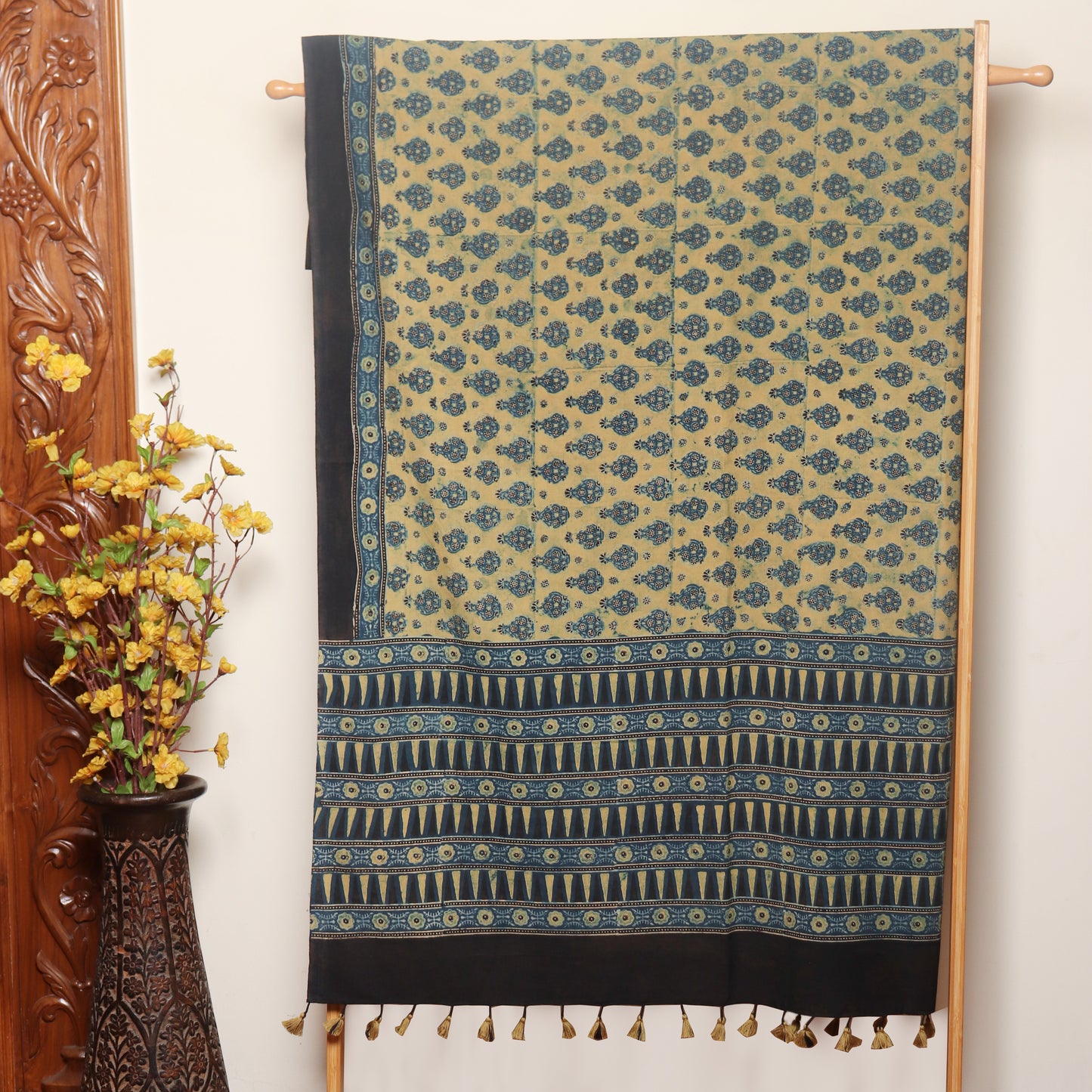 Ajrakh Hand Block Printed Cotton Dupatta with Tassels