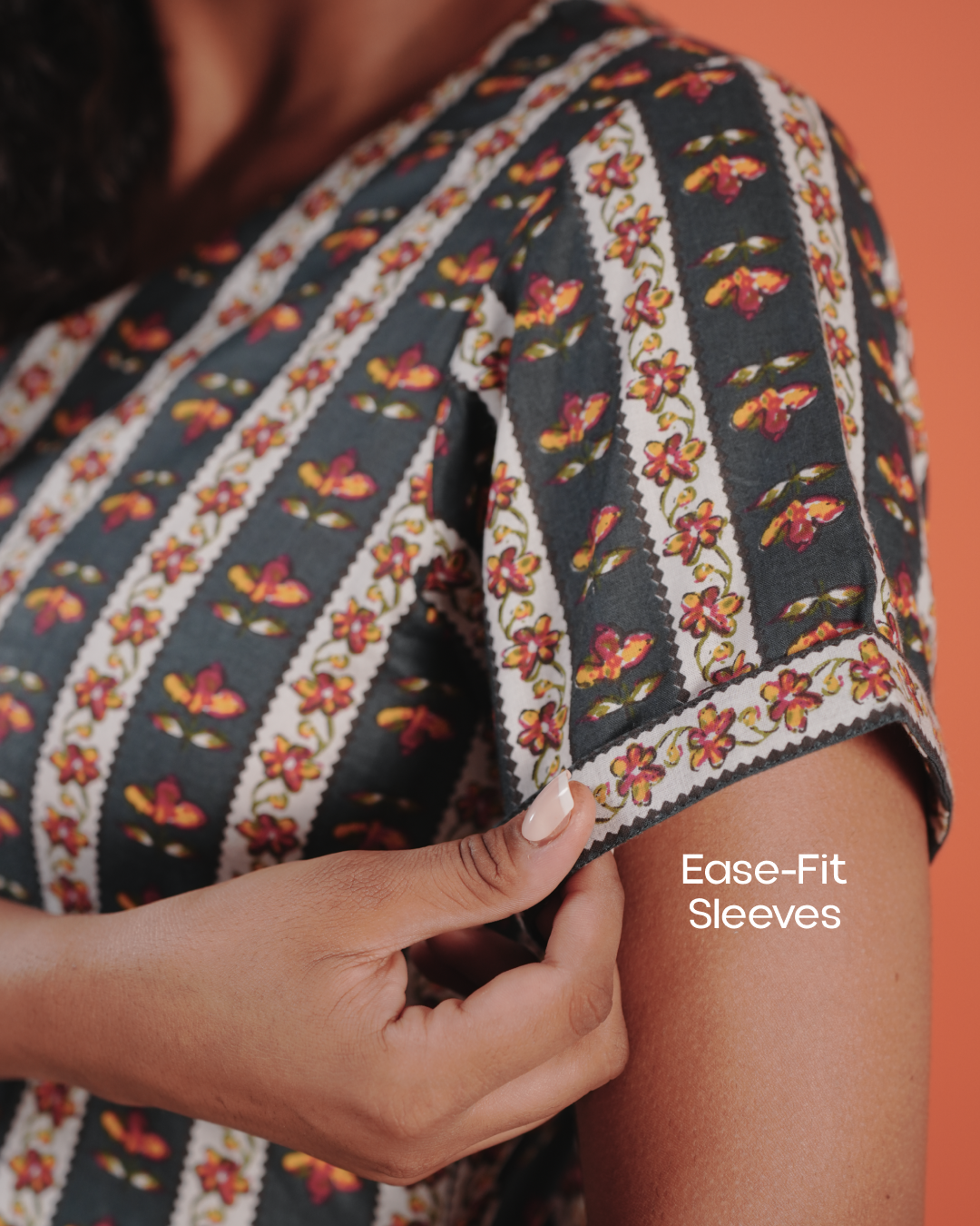 Marigold Trail Pure Cotton Block Print Midi Dress( Short Sleeves) - Charcoal Petal