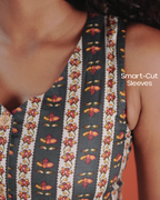 Marigold Trail Pure Cotton Block Print Midi Dress(Sleeveless) - Charcoal Petal