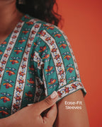 Marigold Trail Pure Cotton Block Print Midi Dress(Short sleeves) - Aqua Grove