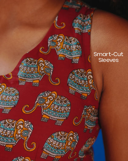 Jaipur Parade Hand Block Print Cotton Midi Dress (Sleeveless) - Burnt Coral