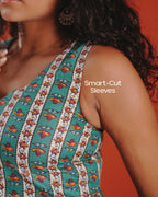 Marigold Trail Pure Cotton Block Print Midi Dress (Sleeveless) - Aqua Grove