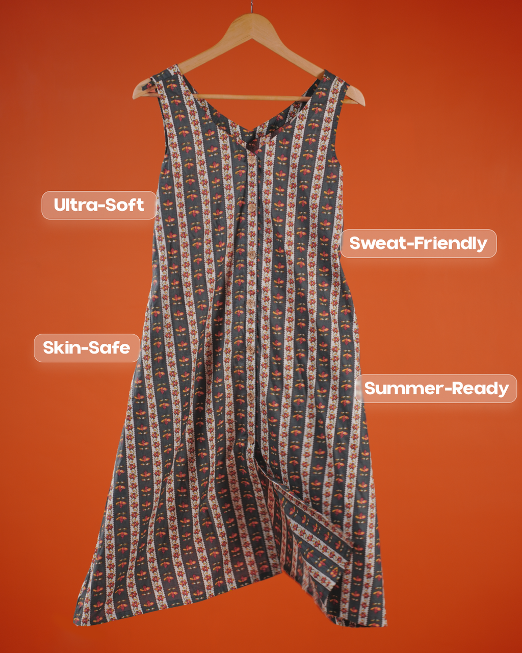 Marigold Trail Pure Cotton Block Print Midi Dress(Sleeveless) - Charcoal Petal