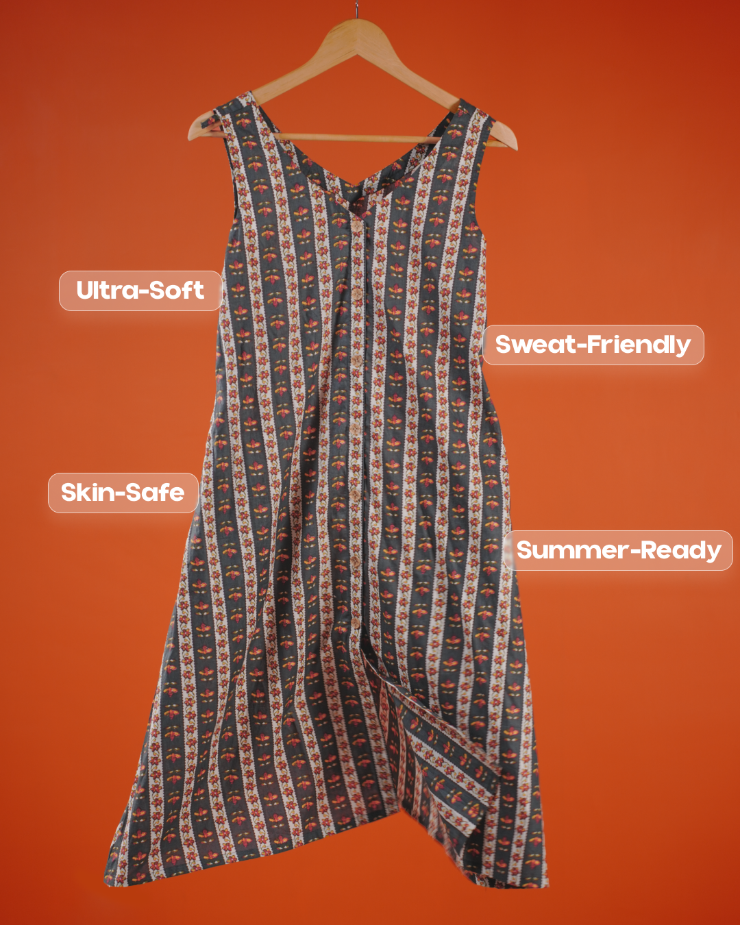 Marigold Trail Pure Cotton Block Print Midi Dress(Sleeveless) - Charcoal Petal