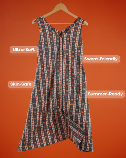 Marigold Trail Pure Cotton Block Print Midi Dress(Sleeveless) - Charcoal Petal