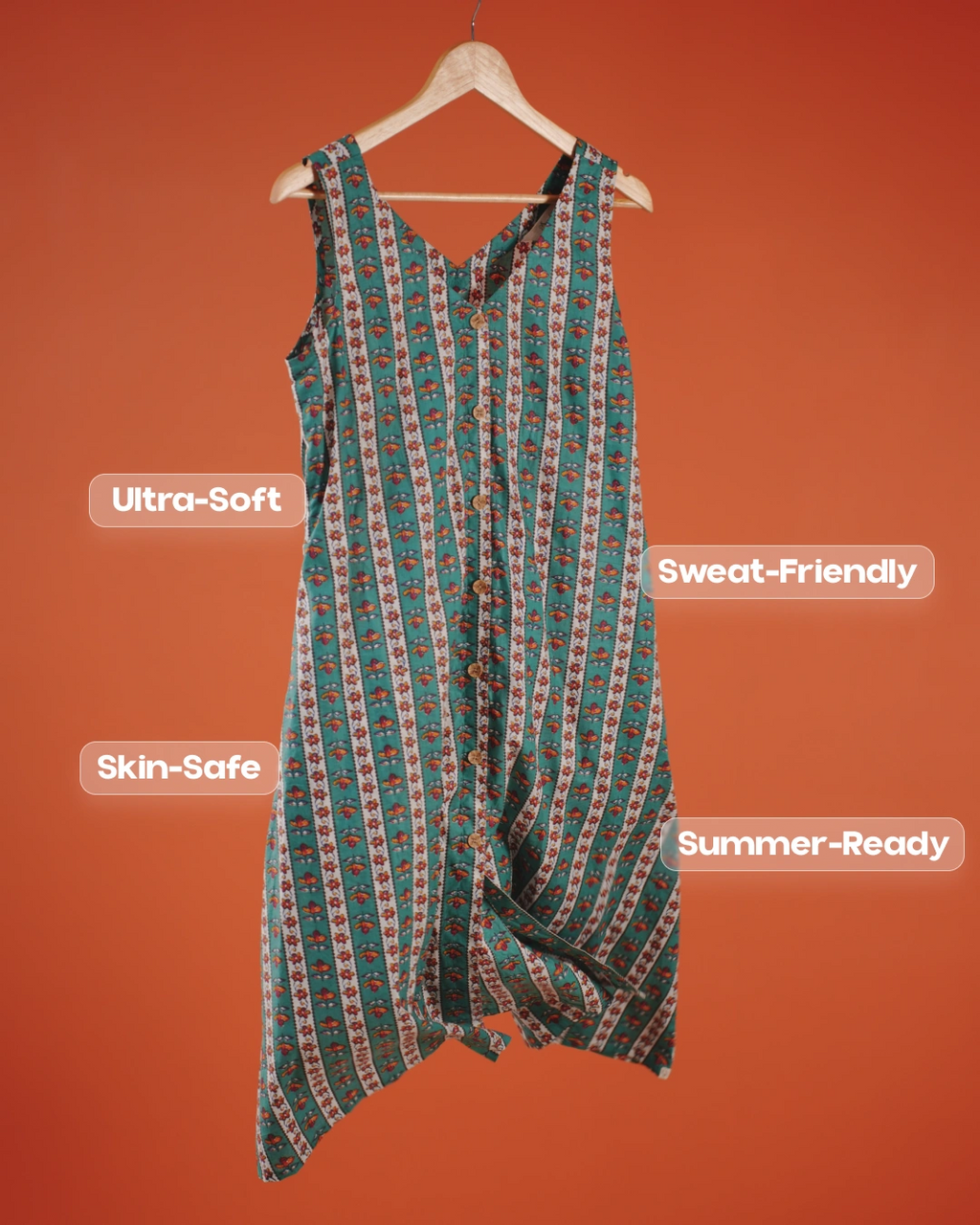 Marigold Trail Pure Cotton Block Print Midi Dress (Sleeveless) - Aqua Grove