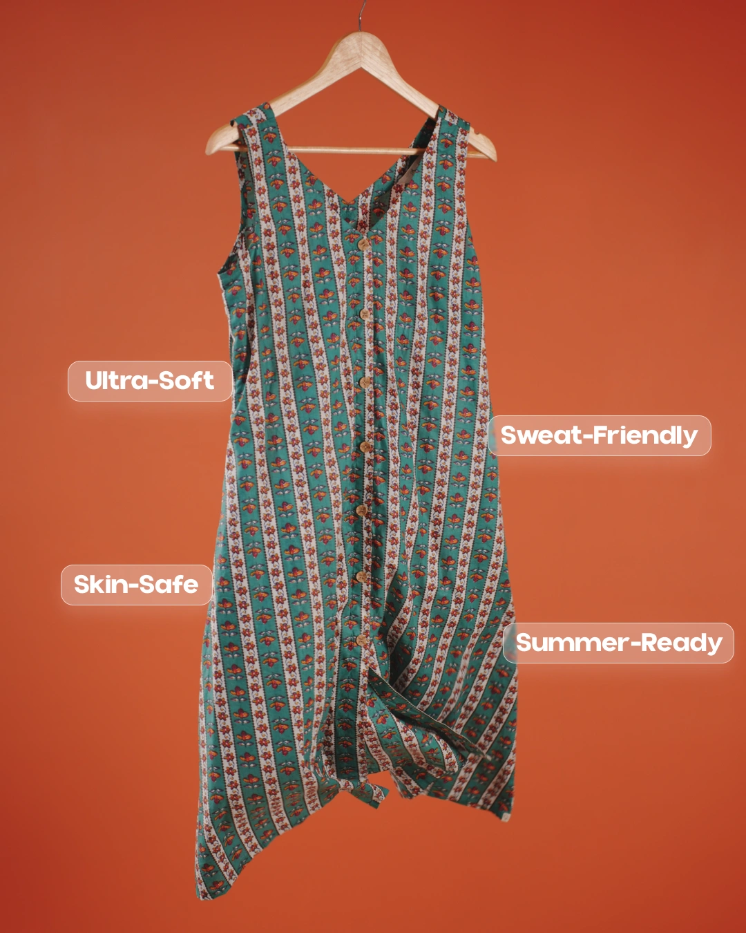 Marigold Trail Pure Cotton Block Print Midi Dress (Sleeveless) - Aqua Grove