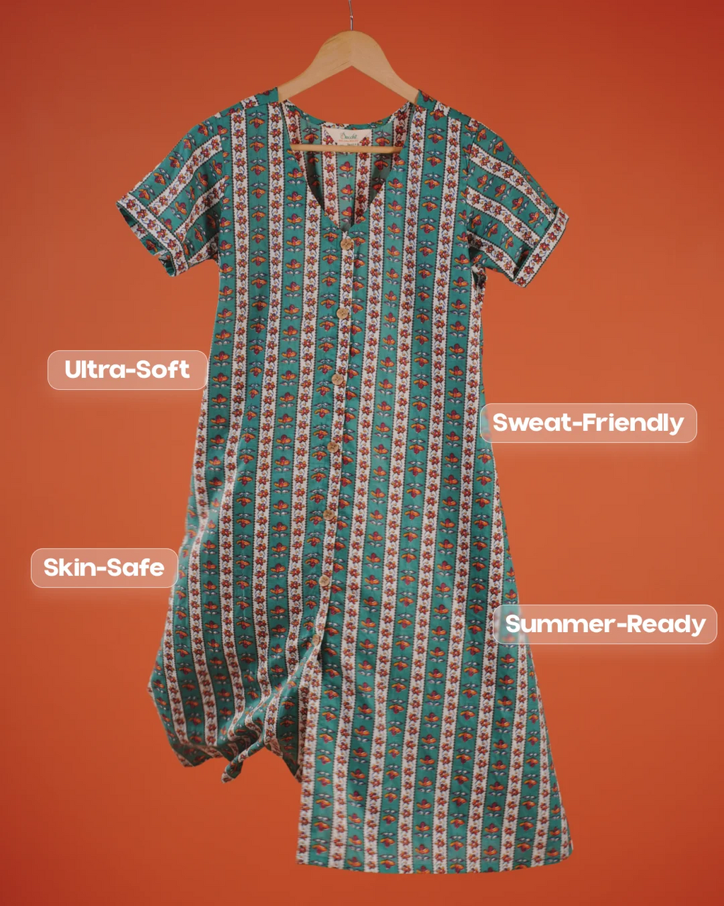 Marigold Trail Pure Cotton Block Print Midi Dress(Short sleeves) - Aqua Grove