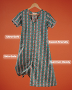 Marigold Trail Pure Cotton Block Print Midi Dress(Short sleeves) - Aqua Grove