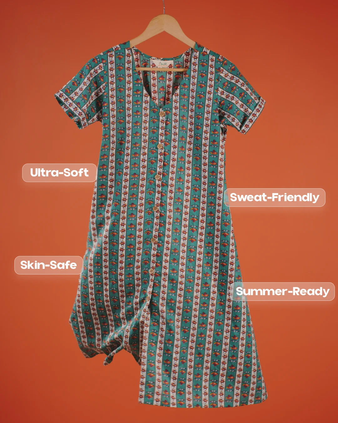 Marigold Trail Pure Cotton Block Print Midi Dress(Short sleeves) - Aqua Grove